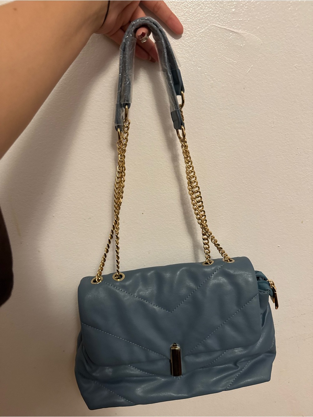 Quilted Slate Blue Shoulder Bag with Gold Chain